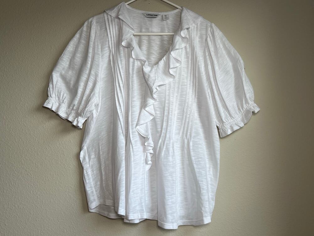 Lands End White Slub Knit Ruffle V-Neck Top Cotton Modal Puff Sleeve Size XL 18